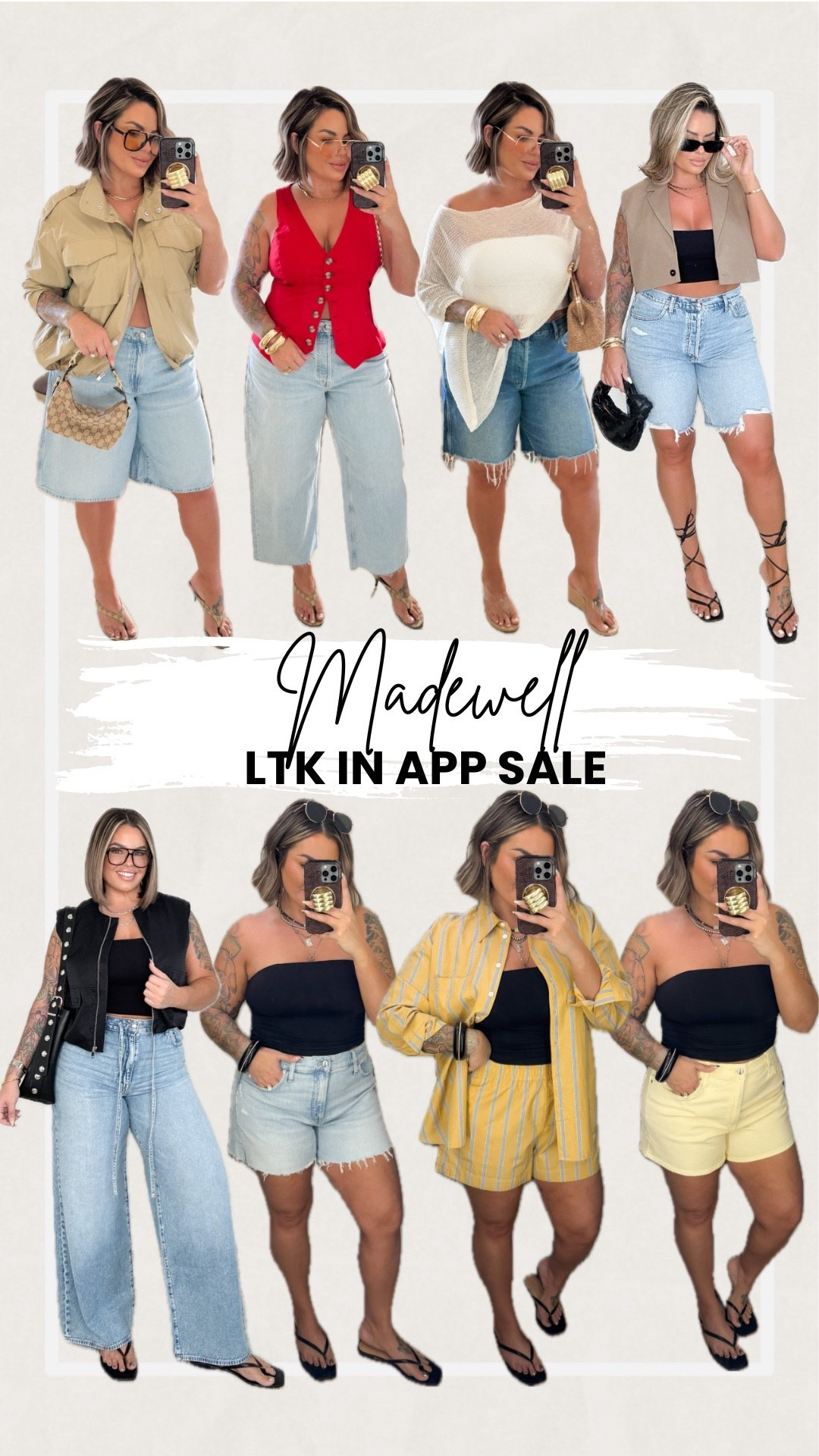 Madewell in app sale starts today ! 
Here is a round up on my favs 
Top row left to right size info. 
Baggy Jorts 31 
Jacket L 
Cropped Jeans sized up to 32 for baggy fit
Red vest L 
Darker jorts 32 also sized up for baggy fit ( fit tts don’t have to size up unless you want a bigger fit )
Distressed jorts 31 fit tts
Blazer vest xl
Drawstring jeans size 30 sized down in those. 
Black vest sized way down to a small it runs huge. 
Shorter denim shorts 31 
Yellow stripe shorts L, Yellow top xl 
Yellow Jean shorts 32 but could have done 31 they are stretchy. 
Black and white tube tops L