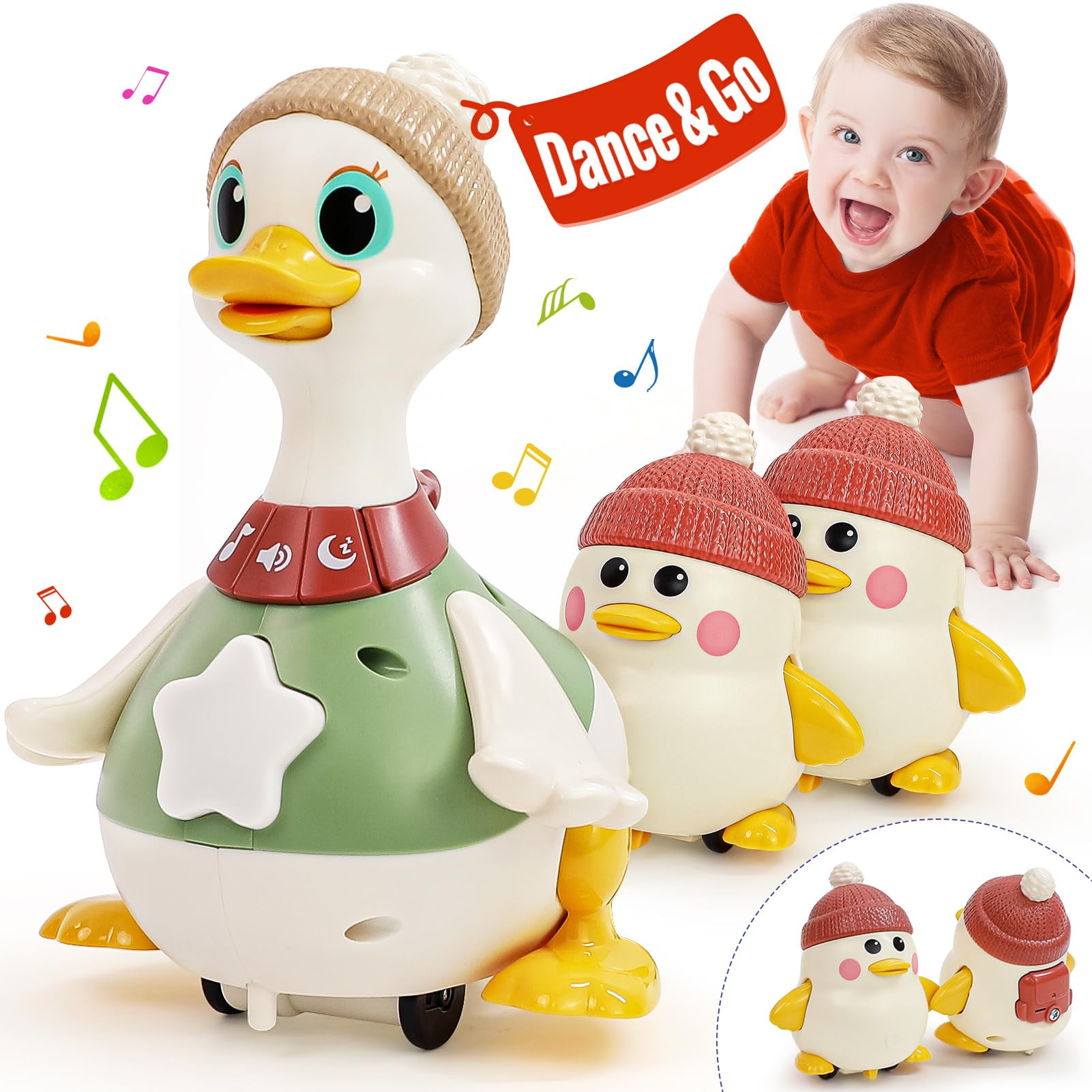 HOLA Baby Toys 6-12 Months Musical Dancing Duck Toy Set with Mama and Babys Tummy Time Toys, Craw... | Amazon (US)