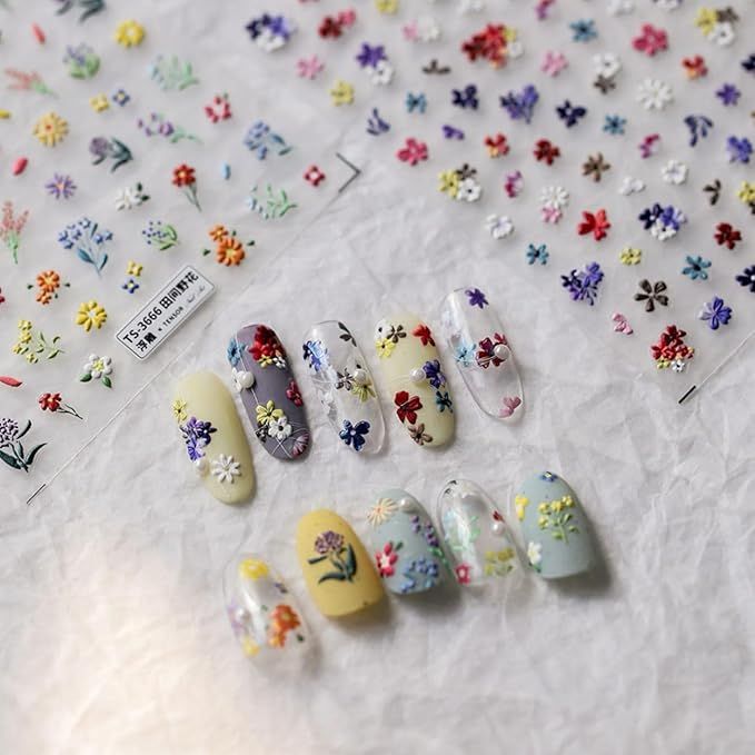 Dedyel Small Daisy Little Wild Flower Nail Stickers 5D Embossed Wildflower Nail Stickers Spring S... | Amazon (US)