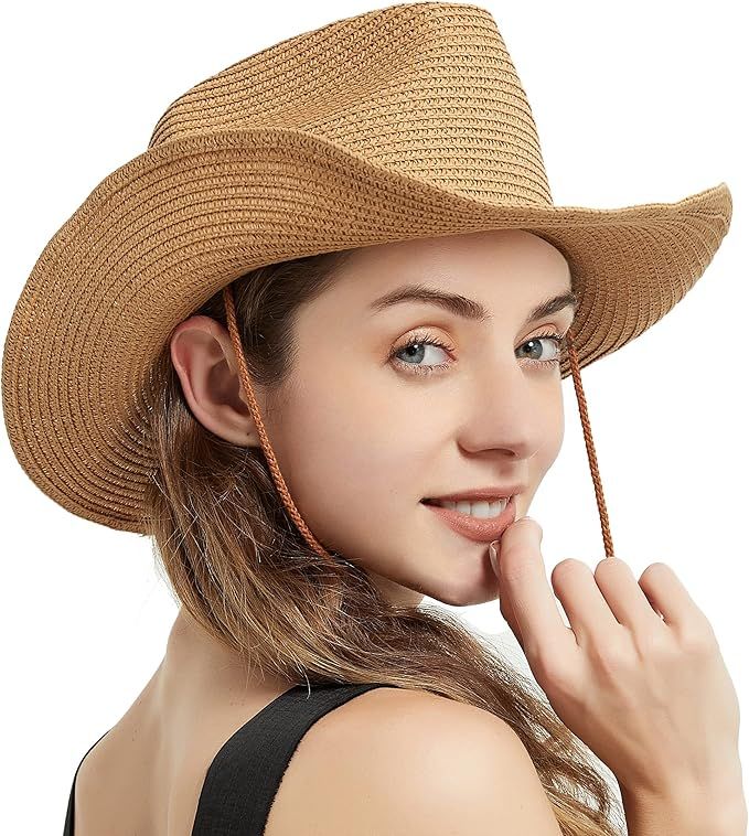 Womens Straw Cowboy Hat Shapeable Floppy Sun Hat Wide Birm Fedora Panama Hat for Beach | Amazon (US)