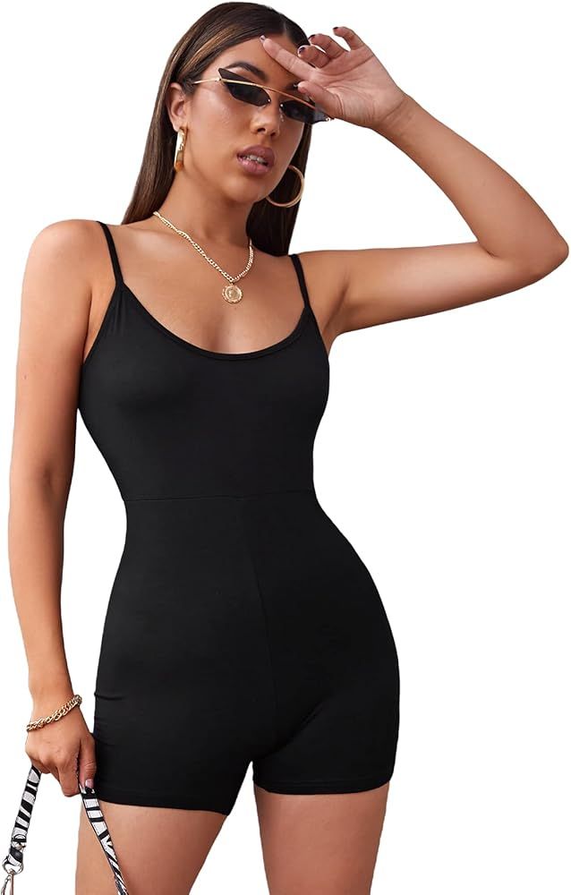 MakeMeChic Women's Spaghetti Strap Unitard Romper Bodycon Shorts Jumpsuit | Amazon (US)