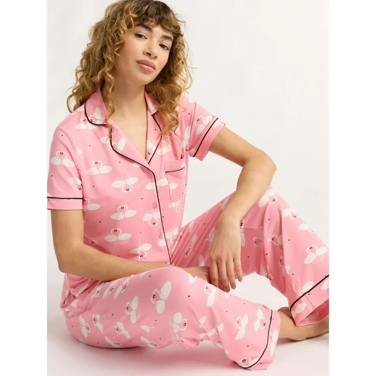 Joyspun Women's and Women’s Plus Jersey Notch Collar Top and Capri Pants Pajama Set, 2-Piece, S... | Walmart (US)