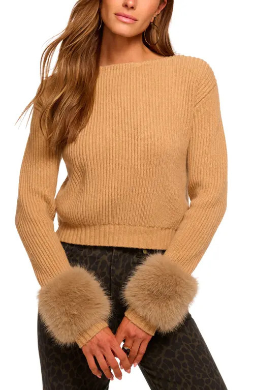 Ramy Brook Lisa Faux Fur Trim Rib Sweater in Camel at Nordstrom, Size Small | Nordstrom