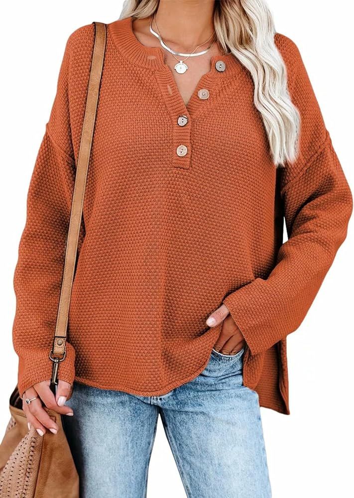 BLENCOT Women Button Neck Sweater Long Sleeve Chunky Oversized Fall Tunic Sweaters | Amazon (US)