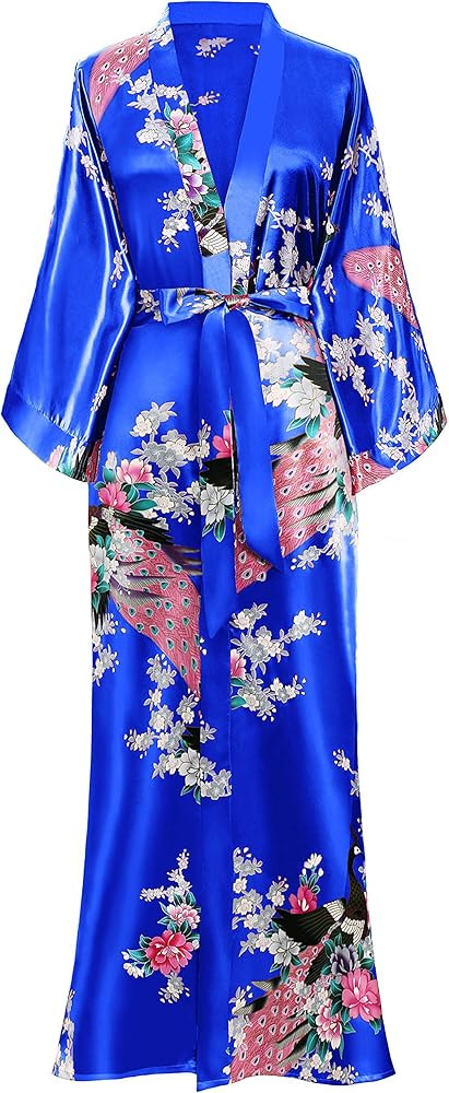 BABEYOND Women's Kimono Robe Long Robes with Peacock and Blossoms Printed Kimono Nightgown | Amazon (US)