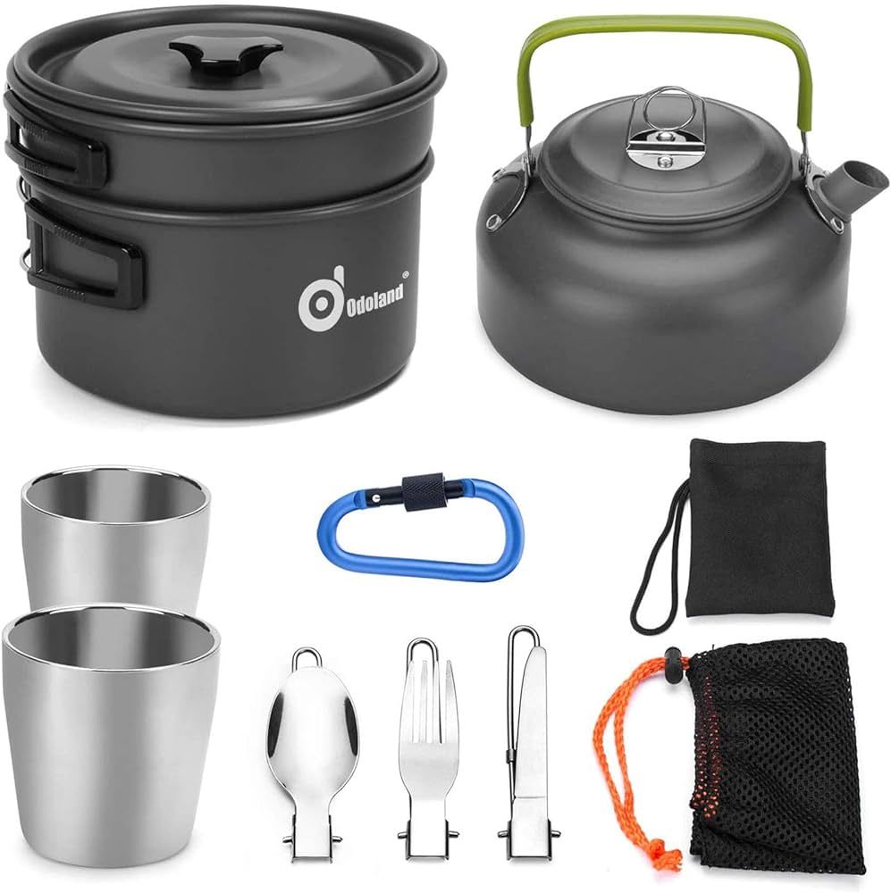 Odoland Camping Cookware Mess Kit, Lightweight Pot Pan Kettle with 2 Cups, Fork Spoon Kit Stainle... | Amazon (US)
