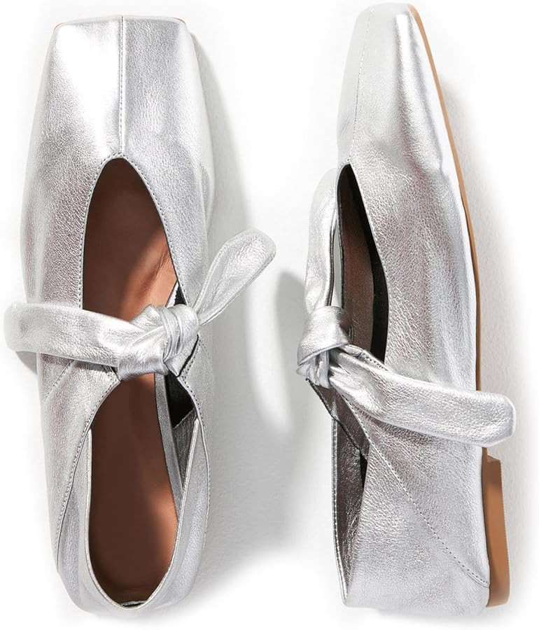 Yishaweiqi Bow Knot Ballet Flats Shoes for Women Bowtie Strap Ballerina Shoes Slip-on Square Toe ... | Amazon (US)