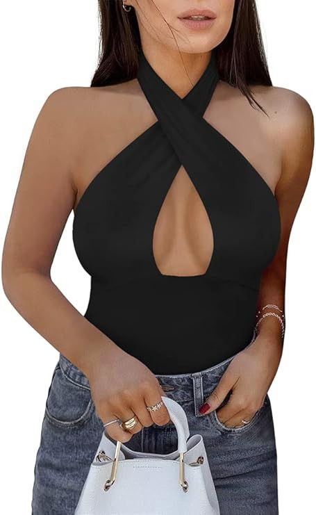 REORIA Butsmooth® Women's Trendy Sexy Criss Cross Halter Neck Sleeveless Thong Bodysuits Tops Cl... | Amazon (US)