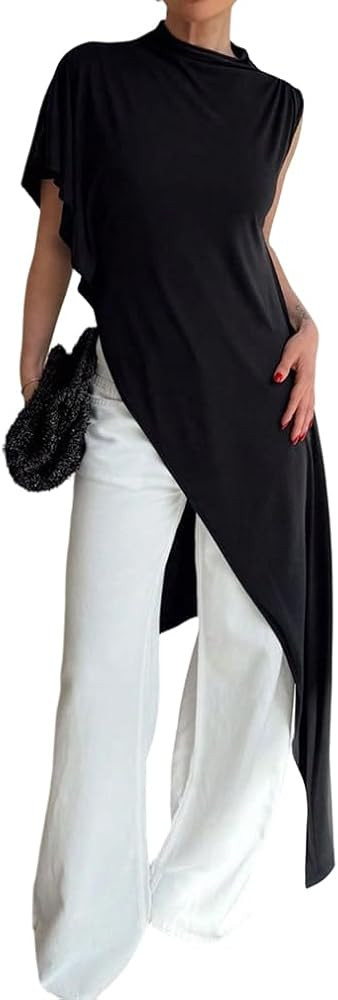 Women Elegant High Neck Side Split Ruched Asymmetrical T-Shirts Stylish Solid Slim Fitted High Lo... | Amazon (US)
