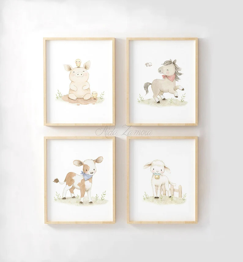 SET of four Watercolor Nursery Art FARM ANIMALS, Farm Animals Prints, Farm Nursery Decor, Farm An... | Etsy (US)