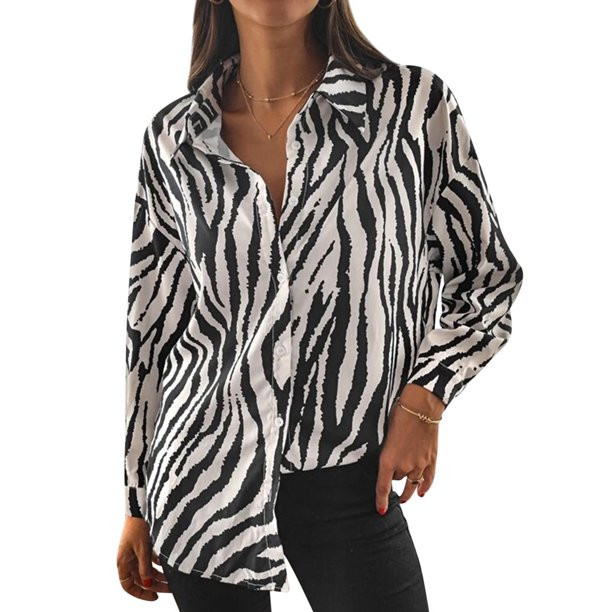 HUBERY Women Lapel Collar Long Sleeve Zebra Print Button Scoop Hem Shirt - Walmart.com | Walmart (US)