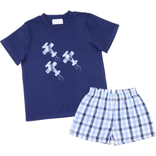 Navy And Blue Check Applique Airplane Short Set | Cecil and Lou