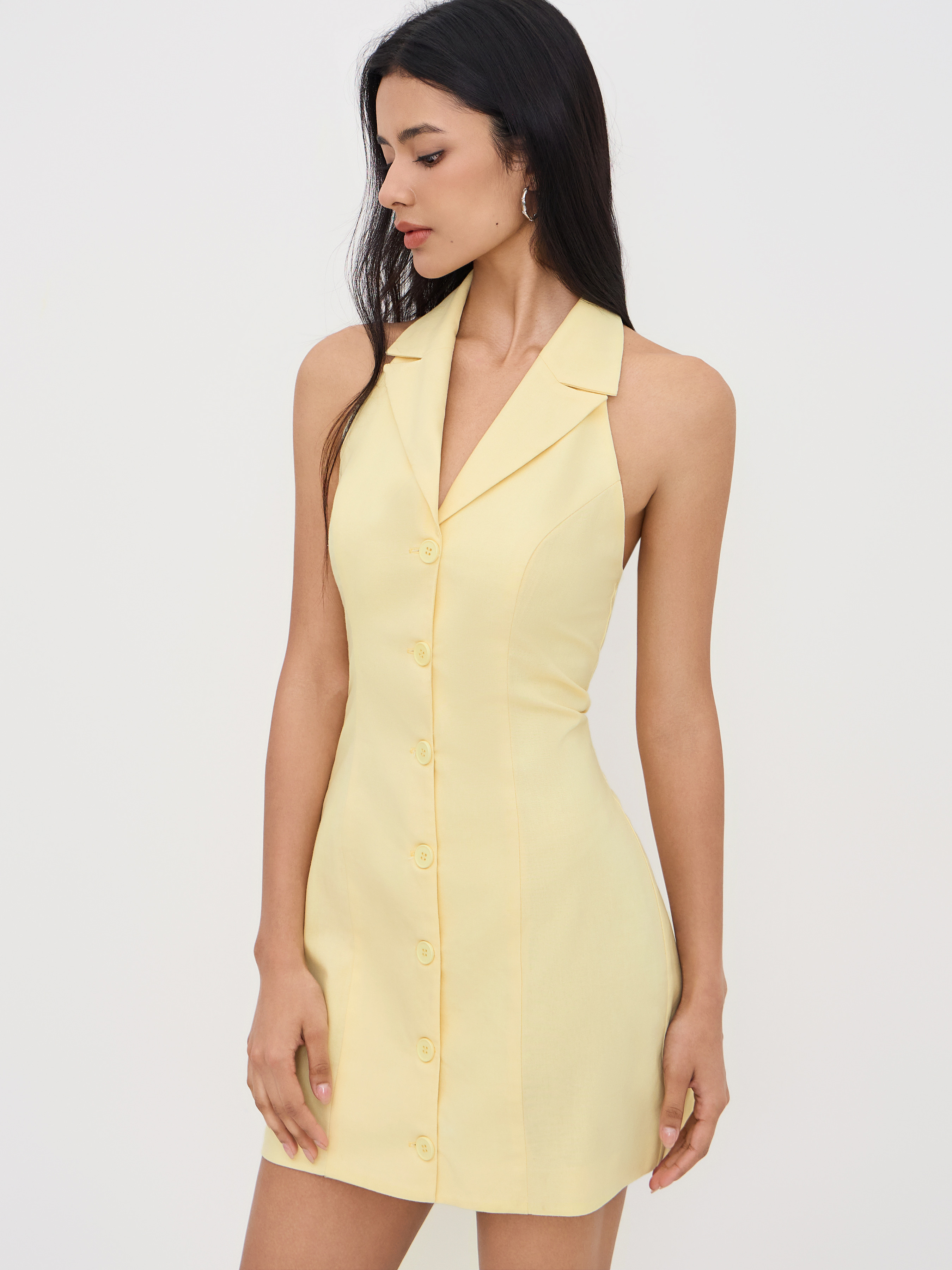 Linen-blend Linen-blend Collar Halter Neckline Button Through Mini Dress For Work | Cider