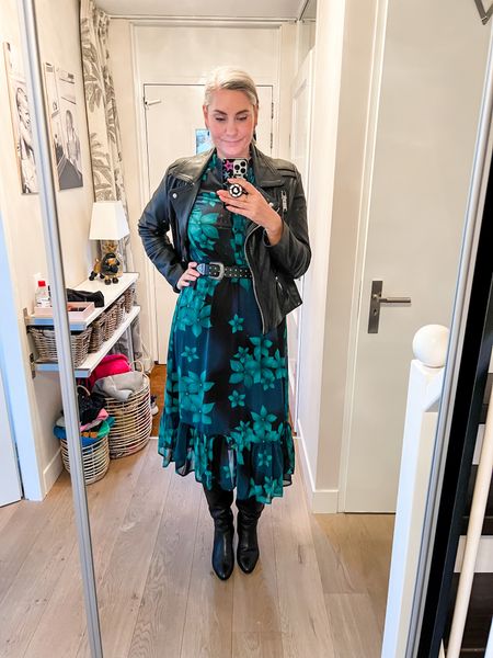 Outfits of the week 

Black, blue and turquoise floral midi dress (Norah, 40) paired with a studded belt, knee high black leather boots (old) and a leather biker jacket (old). I will link similar items. 

#LTKstyletip #LTKworkwear #LTKeurope