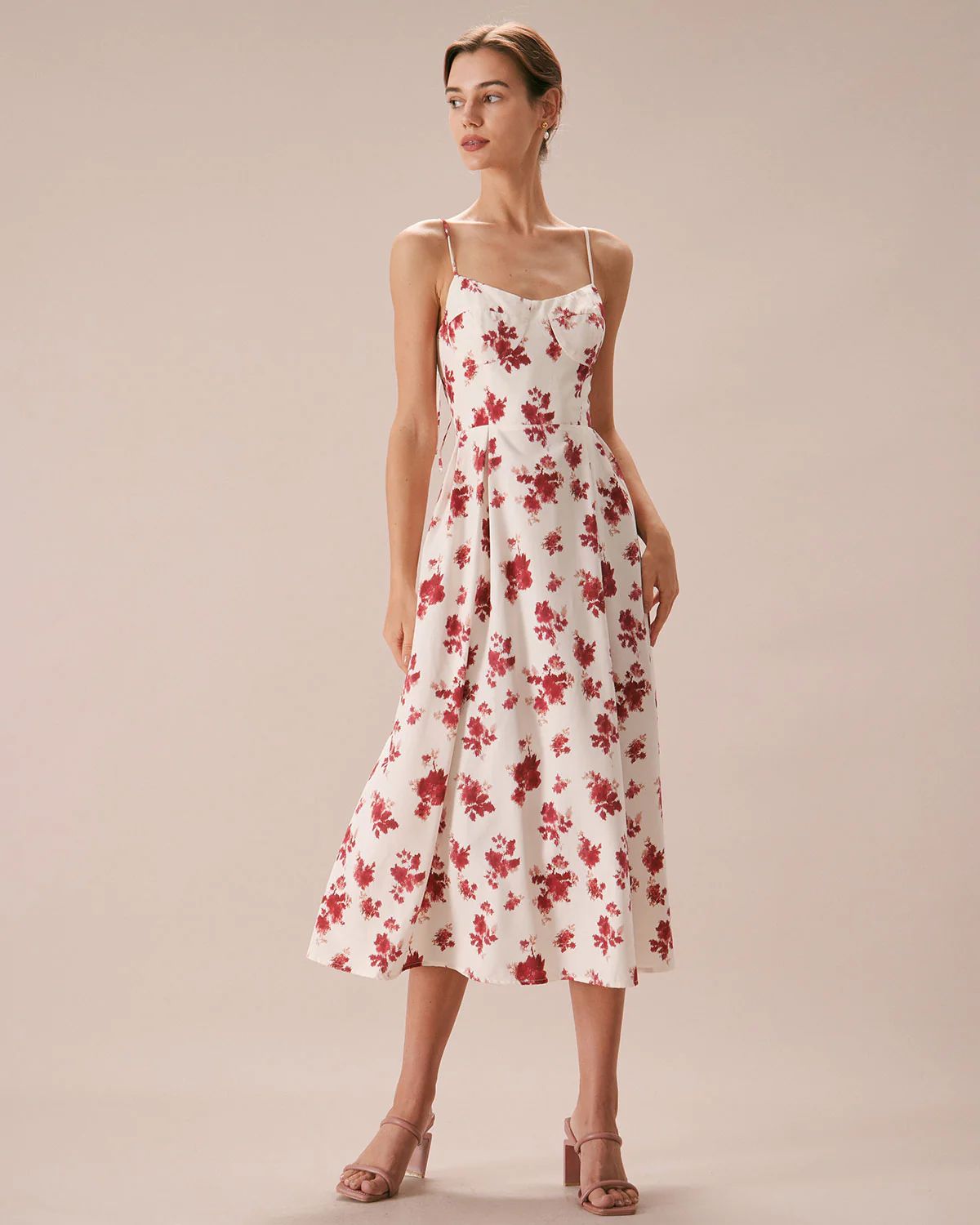 The Red Floral Sweetheart Neck Midi Dress & Reviews - Red - Dresses | RIHOAS | rihoas.com