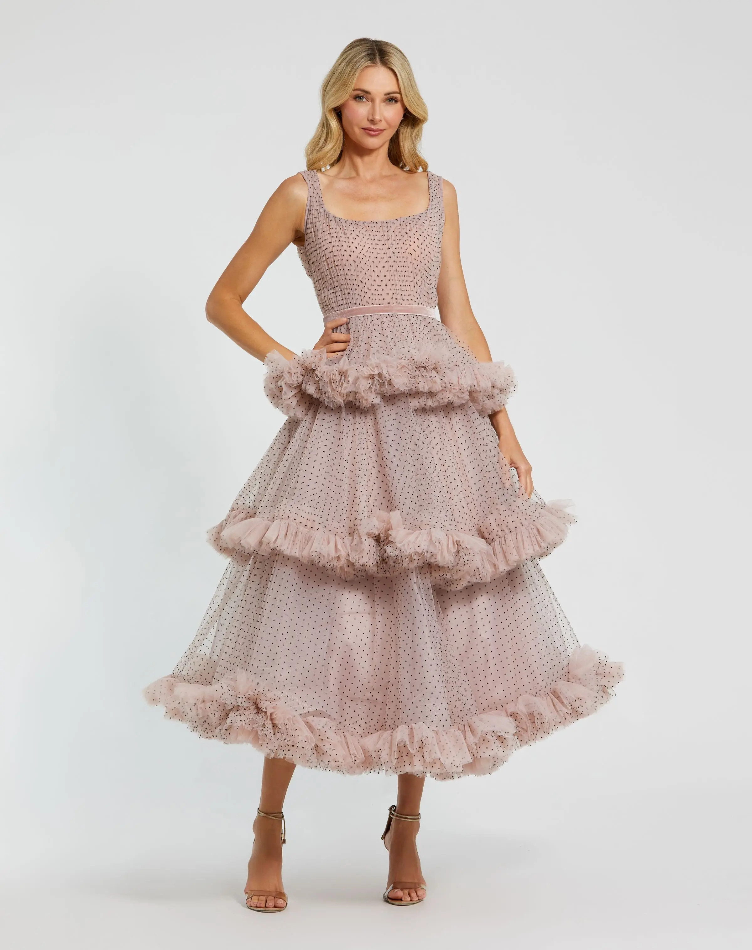 Sleeveless Dot Net Ruffle Dress - Mac Duggal | Mac Duggal