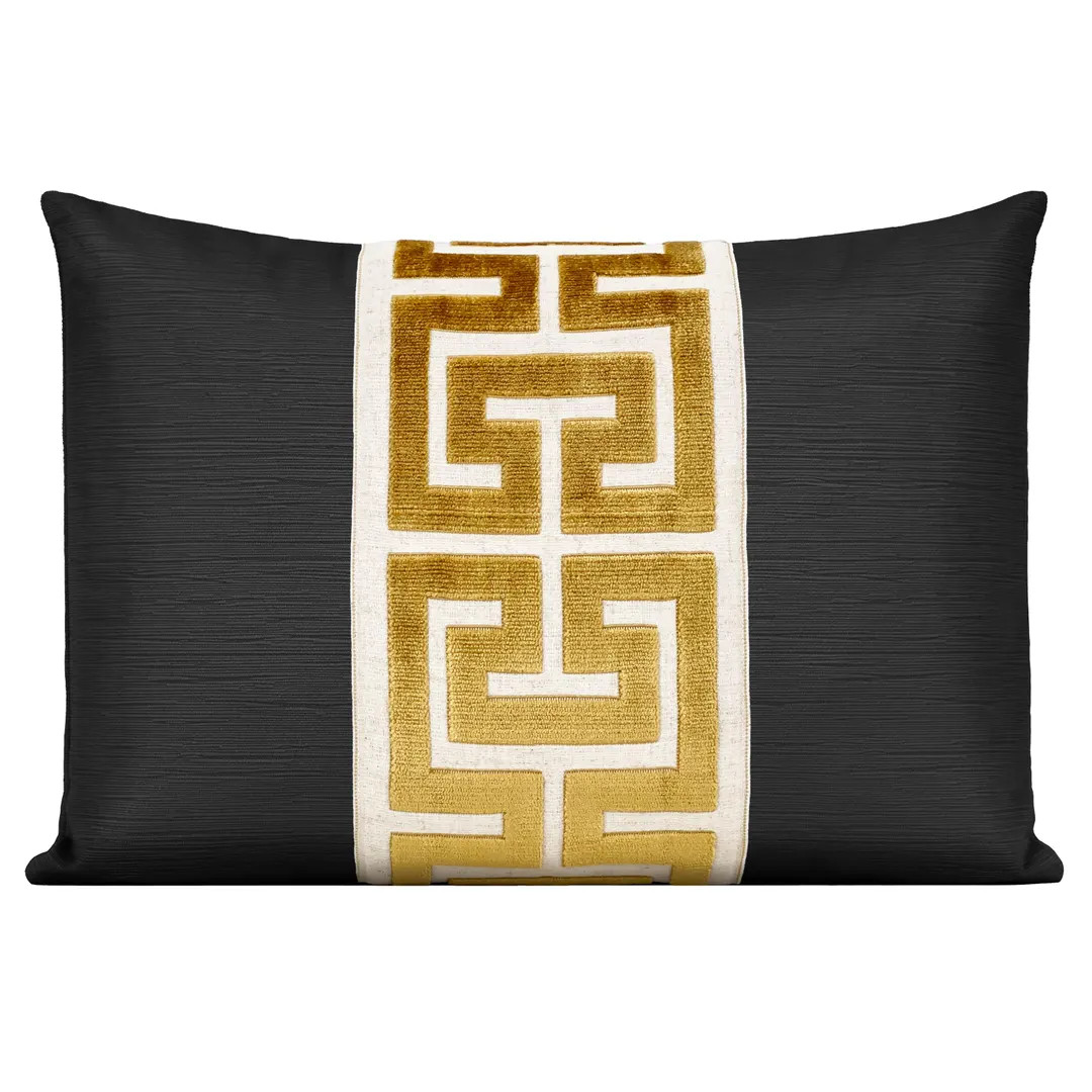 Striated Velvet Pillow Cover With Large Greek Key Trim, Black Velvet Pillow Cover With Gold Greek... | Etsy (US)