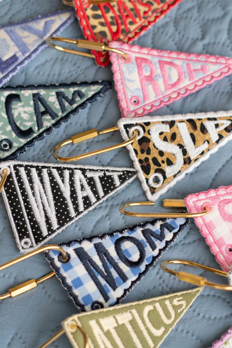 Personalized Pennant Embroidered Bag Charm | Custom Initial Keychain | Gold Carabiner | Heirloom-... | Etsy (Global)