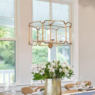 Uolfin Mid-Century Modern Dining Room Drum Chandelier 4-Light Antique Gold Farmhouse Living Room ... | The Home Depot