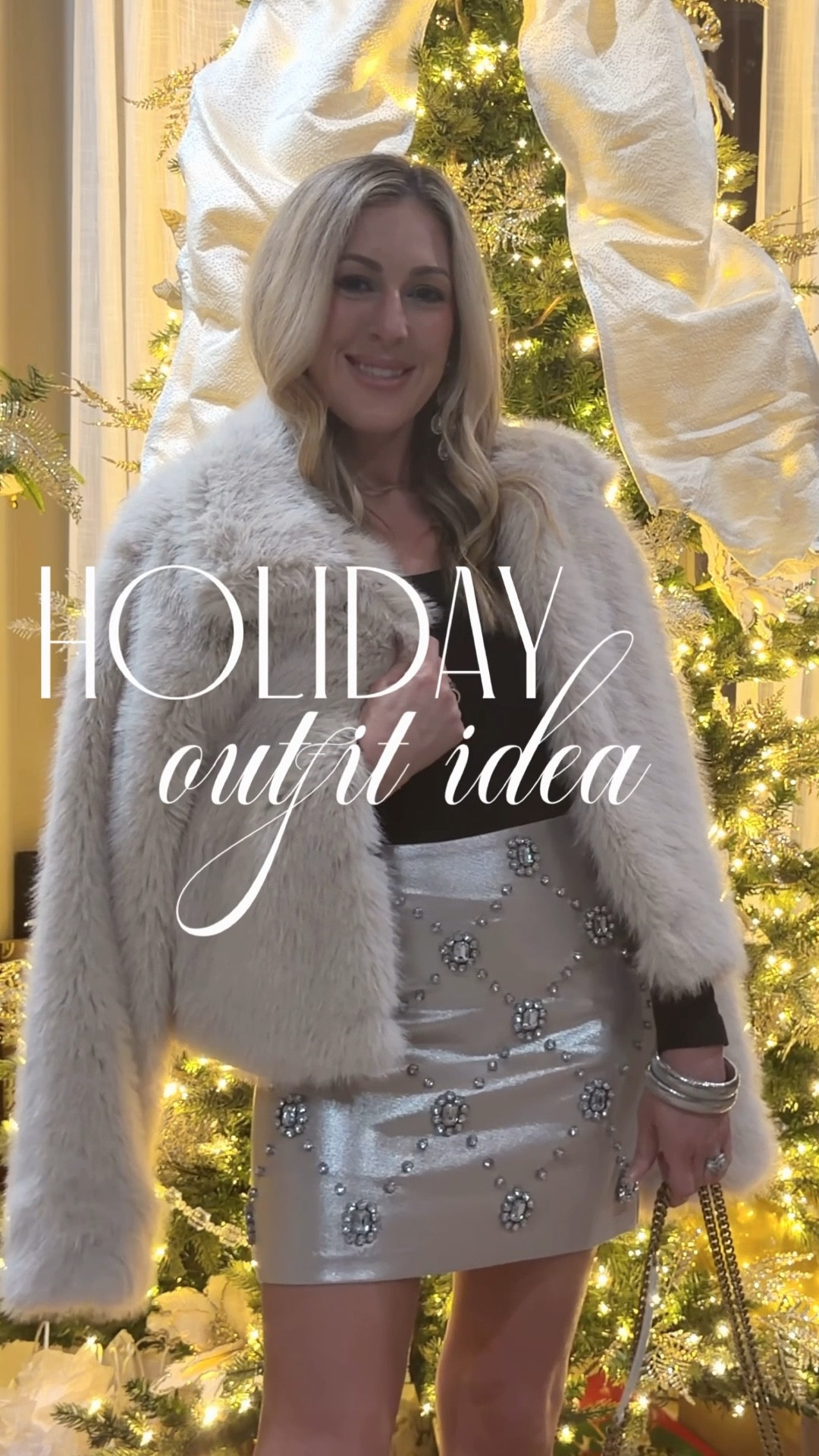 Holiday outfit idea. Love the rhinestones on this skirt. The faux fur coat with the silver heels are my new favorite this season. The silver heels look so festive and are perfect for a New Year’s Eve party outfit too! 

#LTKHoliday #LTKPetite #LTKSeasonal