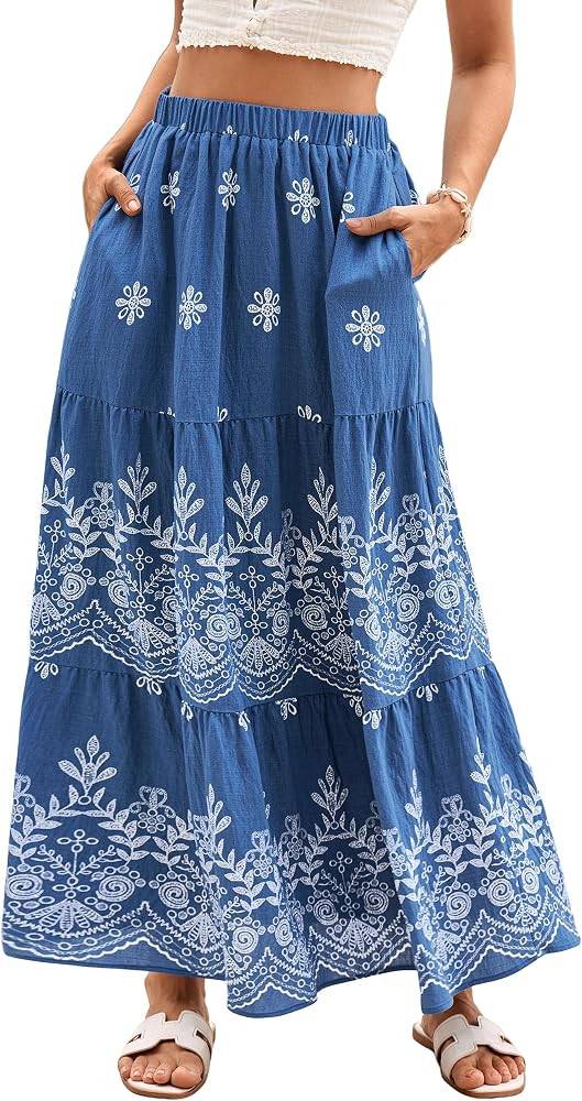 Simplee Womens Summer Maxi Skirt Boho Floral High Waisted A Line Tiered Long Flowy Skirts Beach V... | Amazon (US)