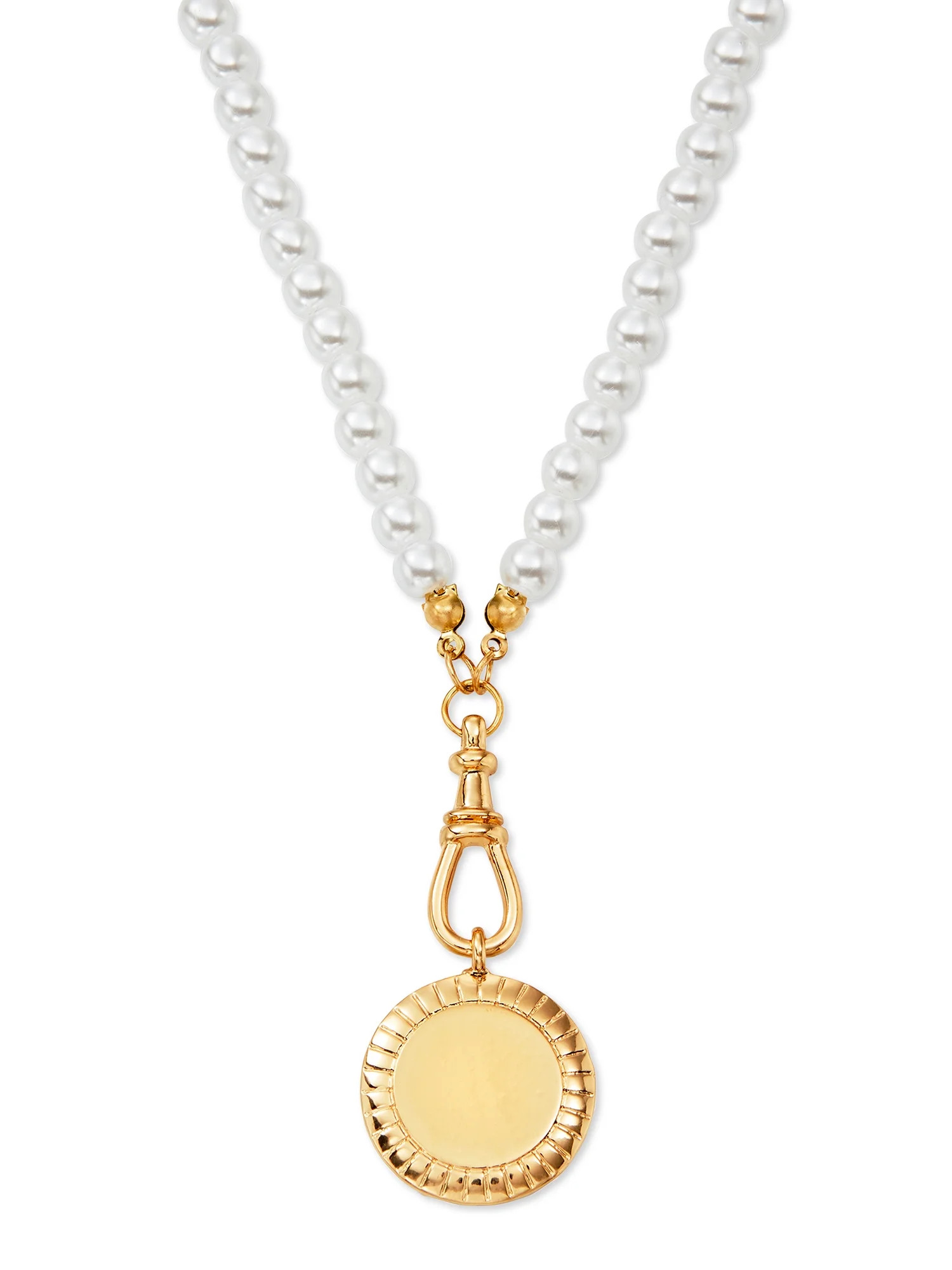 Scoop 14KT Gold Flash Plated Brass Disc Imitation Pearl Necklace, 17" + 2" | Walmart (US)