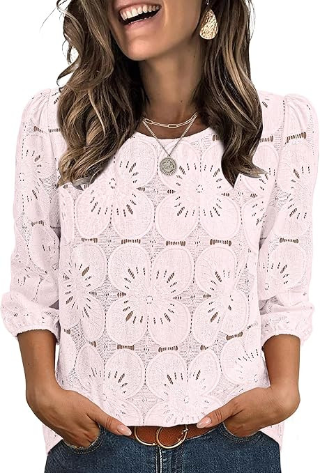 Sampeel Women Blouses Dressy Casual 3/4 Length Sleeve Tops Eyelet Lace Spring Summer Shirts Beach... | Amazon (US)