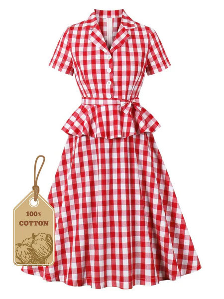 Red 1950s Pure Cotton Gingham Plaids Belted Dress | Retro Stage
