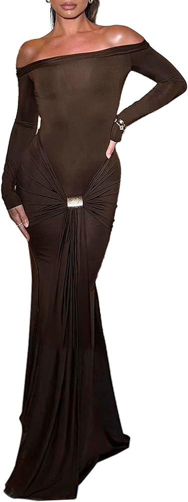 magorange Women Sexy Off Shoulder Cocktail Party Maxi Dress Long Sleeve Ruched Tie Waist Bodycon ... | Amazon (US)