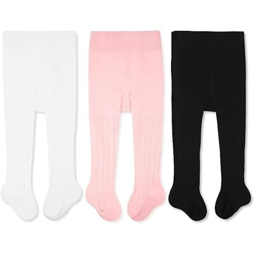 CozyWay Baby Tights for Girls - Cable Knit Cotton Leggings, Stockings, Pink/Black/White, 3 Pack, 6-12 Months | Amazon (US)