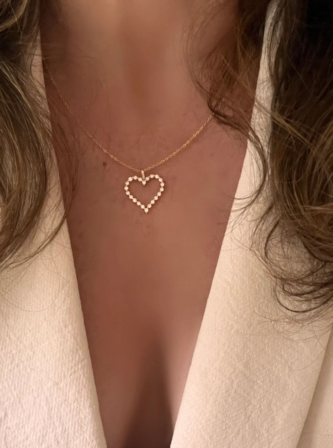 Large open Cz diamond heart necklace , open heart necklace 14k over sterling silver. Cz 16-18 inc... | Etsy (US)
