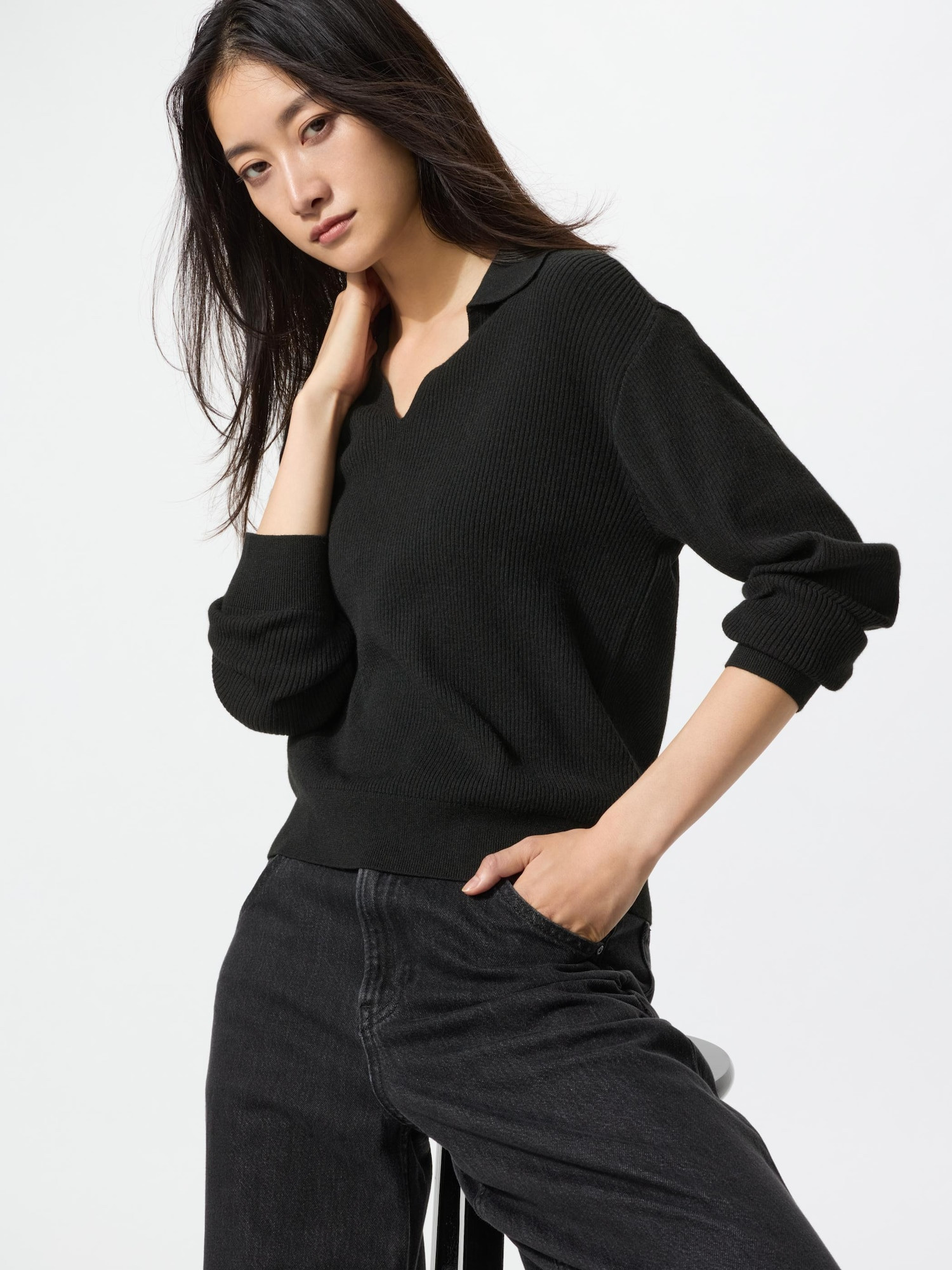 Women's Washable Knit Ribbed Polo Sweater Black Medium UNIQLO US | UNIQLO (US)