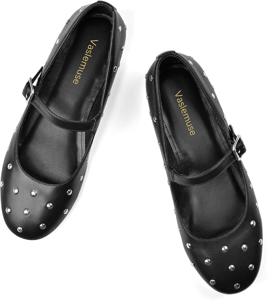 Vaslemuse Studded Ballet Flats for Women Round Toe Buckle Strap Mary Jane Shoes Daily Life Casual... | Amazon (US)