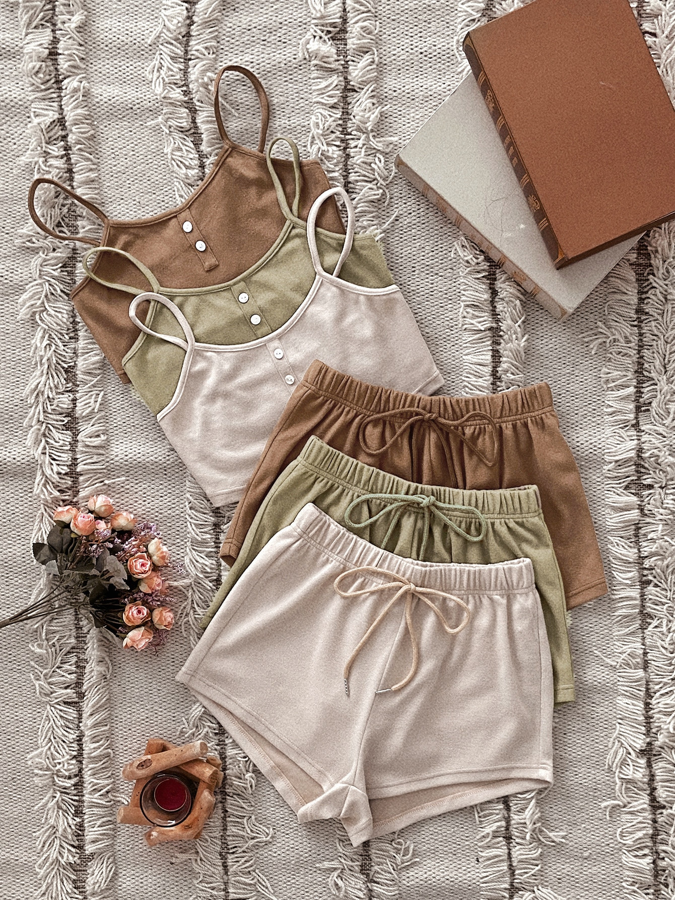 3sets Single Breasted Cami Top & Tie Front Shorts Lounge Set | SHEIN