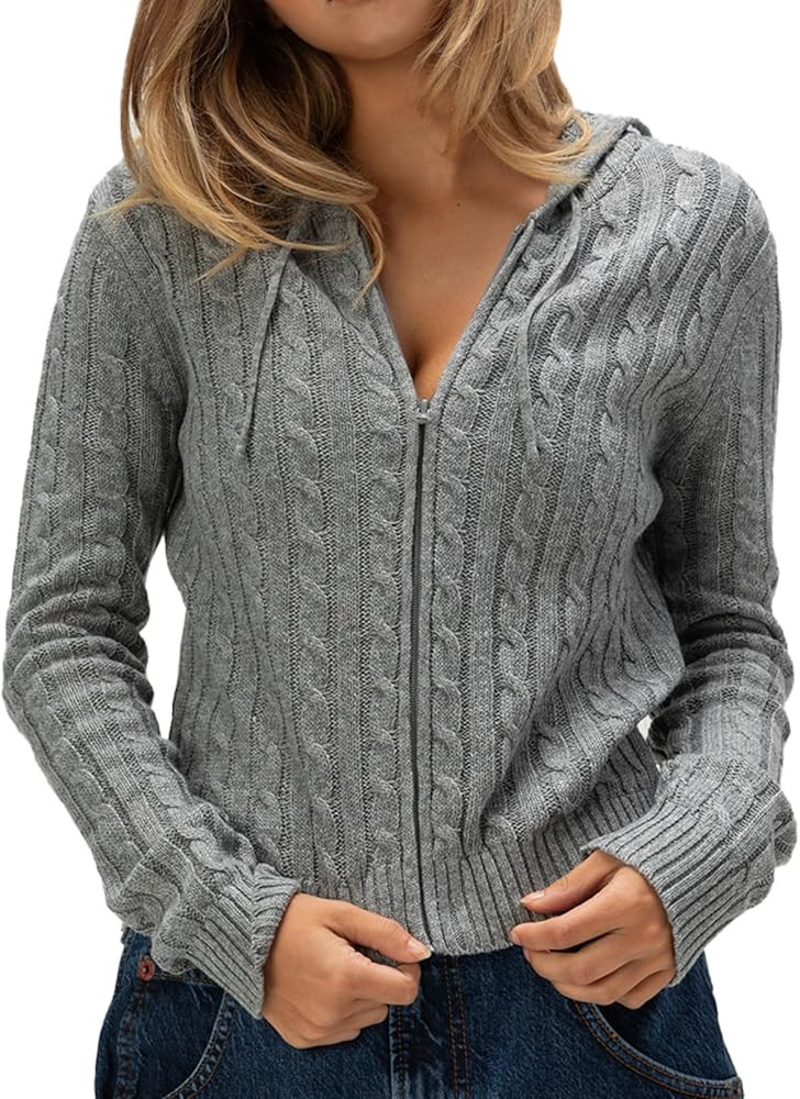 Women Zip Up Hoodie Y2k Vintage Long Sleeve Knitted Sweater 90s Knitwear Coat Jacket Streetwear | Amazon (US)