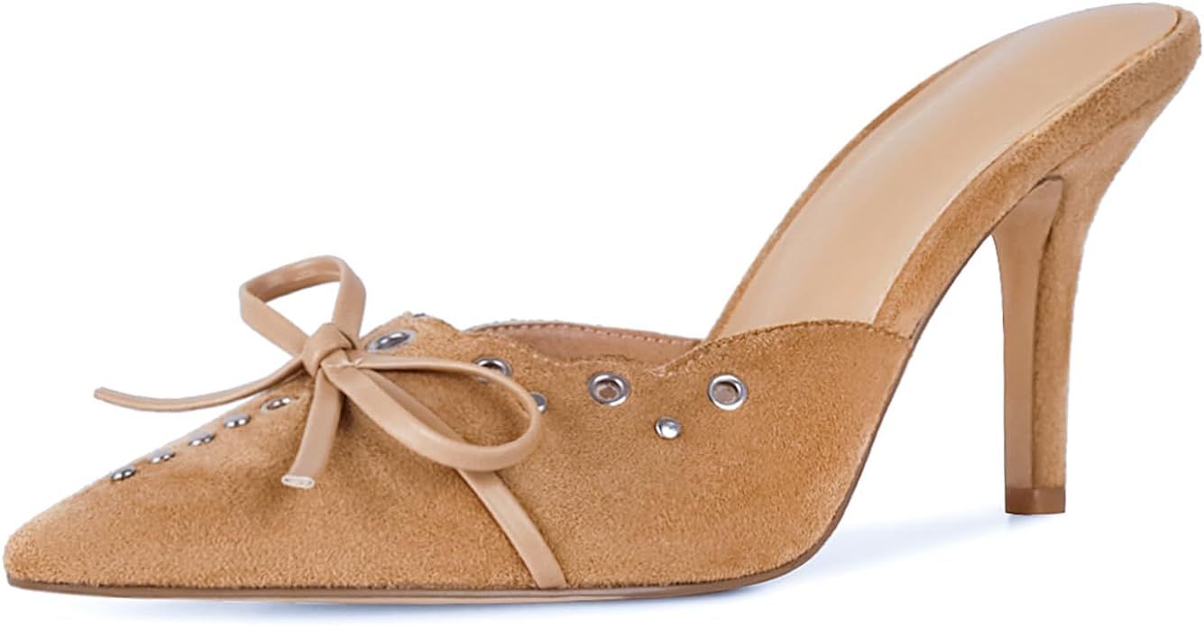 DOEYG Women Pointed Toe Bow Heels Mules Slip on Stiletto Heels Sandals Dress Party Wedding Studde... | Amazon (US)