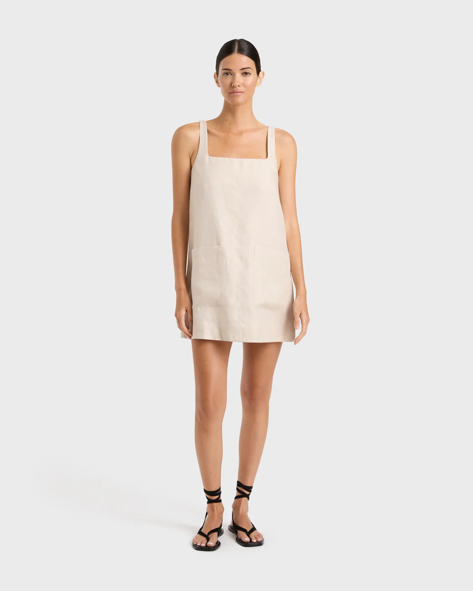 BONDI BORN® | Delphi A-Line Organic Linen Mini Dress Sand | BONDI BORN