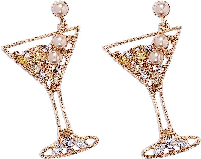 Amazon.com: Handmade Champagne Martini Wine Glass Dangle Earrings Shiny Rhinestones Crystal Pearl... | Amazon (US)