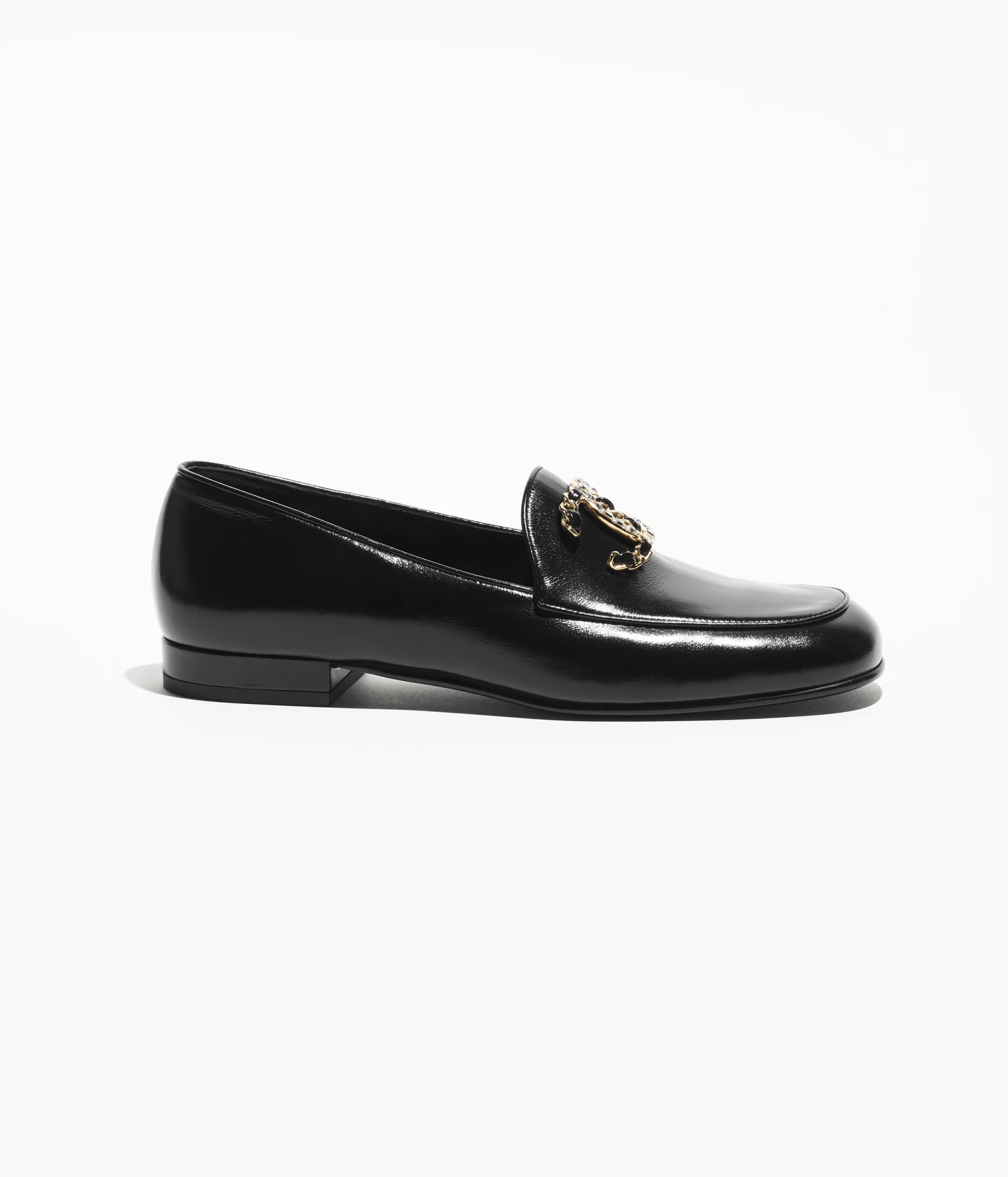 Moccasins - Shiny calfskin, strass & metal, black — Fashion | CHANEL | Chanel, Inc. (US)