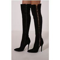 Quinna Black Lace Detail Knee High Boot | PrettyLittleThing UK