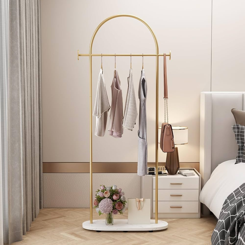 Gold Clothing Rack, Modern Clothes Rack with Shelf, Heavy Duty Freestanding Coat Rack, Metal Coat... | Amazon (US)