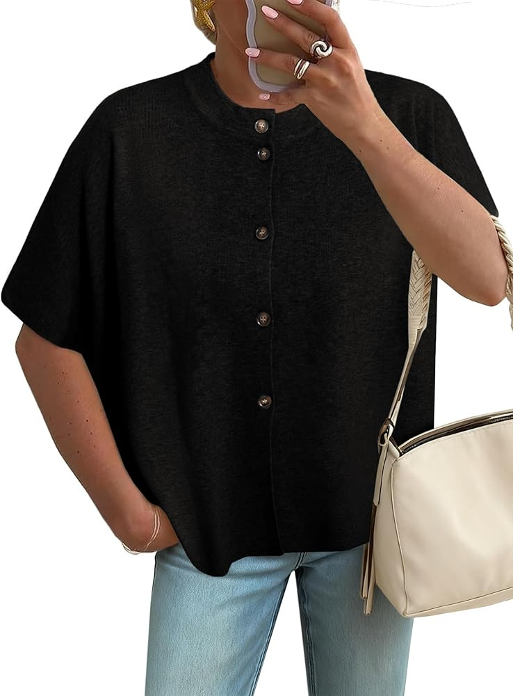 Simplee Womens Oversized Batwing Short Sleeve Cardigan Crewneck Button Down Knit Sweaters Pullove... | Amazon (US)