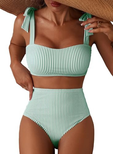 Herseas Women's Striped 2 Piece Bikini Sets Shoulder Strap Knot High Waisted Swimsuits Quick Dry Soft Bathing Suit High Elasticity Long Torso Swim Outfits Medium Green Stripes | Amazon (US)
