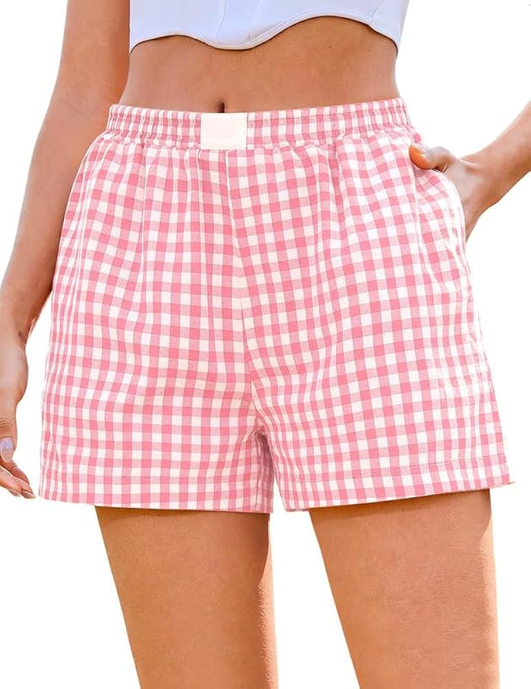 Marvmys Womens Boxer Shorts Cotton Plaid Gingham Shorts Summer Elastic Waist Pajama Buttoms with ... | Amazon (US)