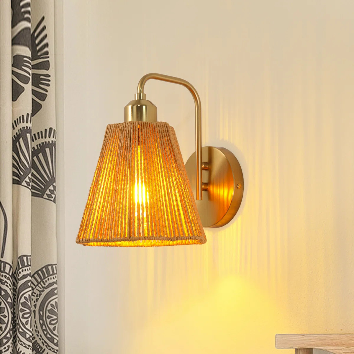 Boho Brown 1-Light Armed Wall Sconce With Woven Paper Rope Shade | Wayfair North America