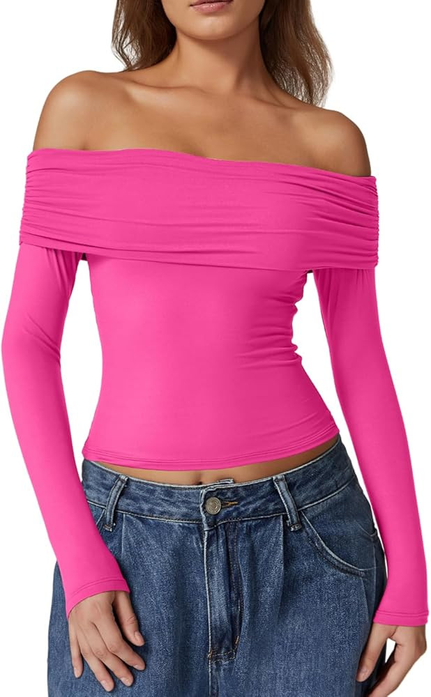 QINSEN Womens Off The Shoulder Tops Double Lined Long Sleeve T Shirts Slim Fitted Stretchy Crop T... | Amazon (US)