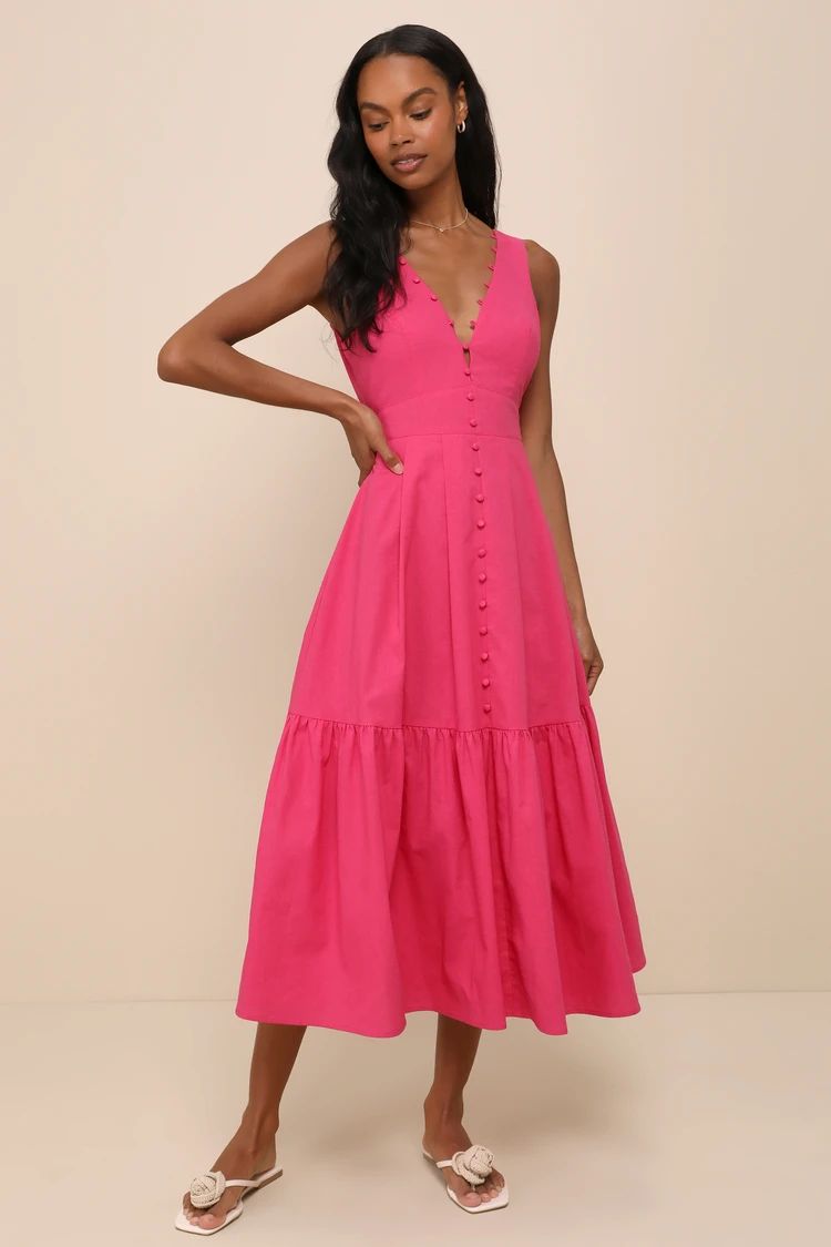 Blissful Afternoon Hot Pink Linen Tie-Back Midi Dress | Lulus