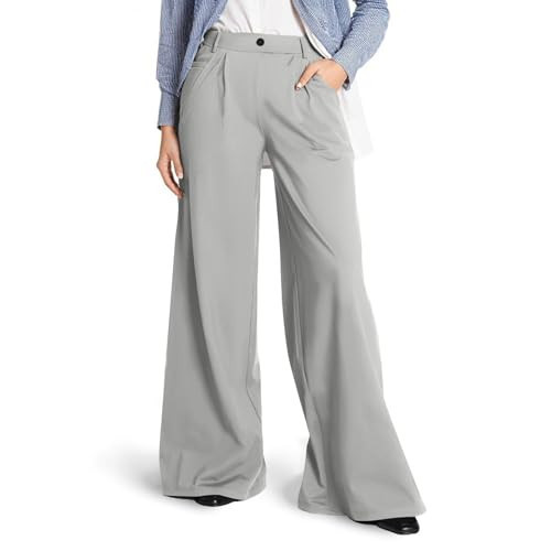Gray Wide Leg Dress Pants for Women Elastic Waist Stretch Pull on Work Pants Casual Flowy Palazzo Trousers with Pockets Dress Slacks for Women Womens Business Professional Outfits Trousers Pants | Amazon (US)