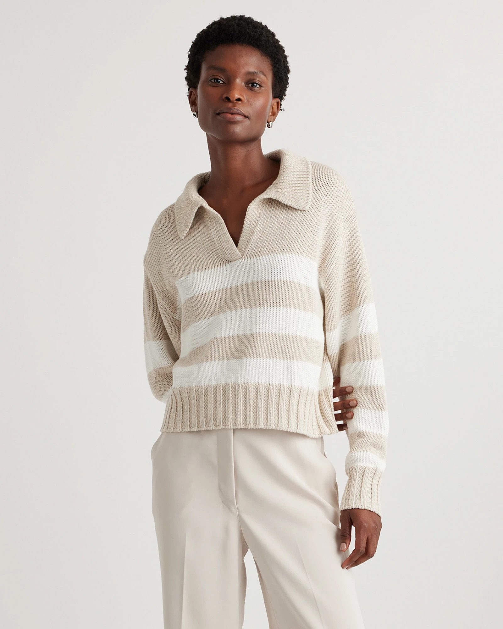 100% Organic Cropped Cotton Polo Sweater in Offwhite/Black Stripe | Quince