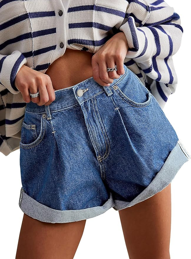 POTILI Womens Jean Shorts, Stretchy Denim Shorts with Pockets Elastic Waisted Relaxed Fit | Amazon (US)